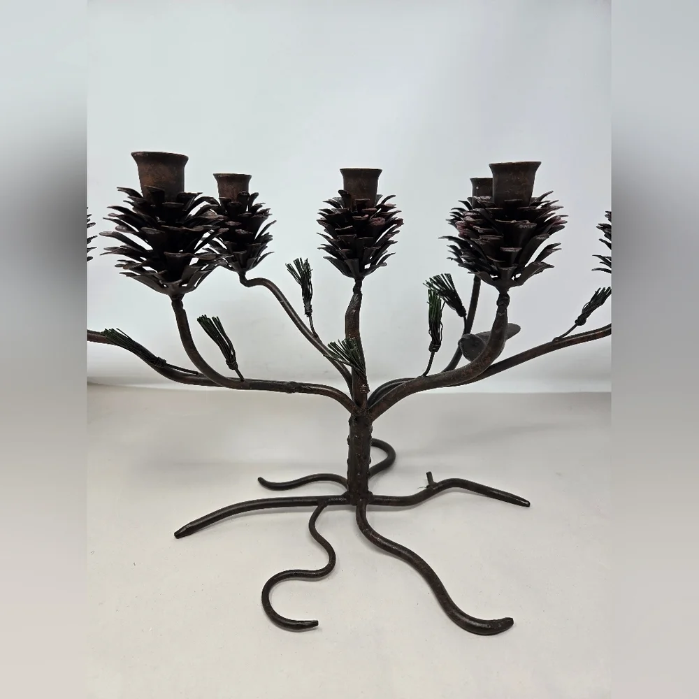 Vintage Metal Candleabra Pinecone Metal Pine Needles Bird Holiday Table Decor